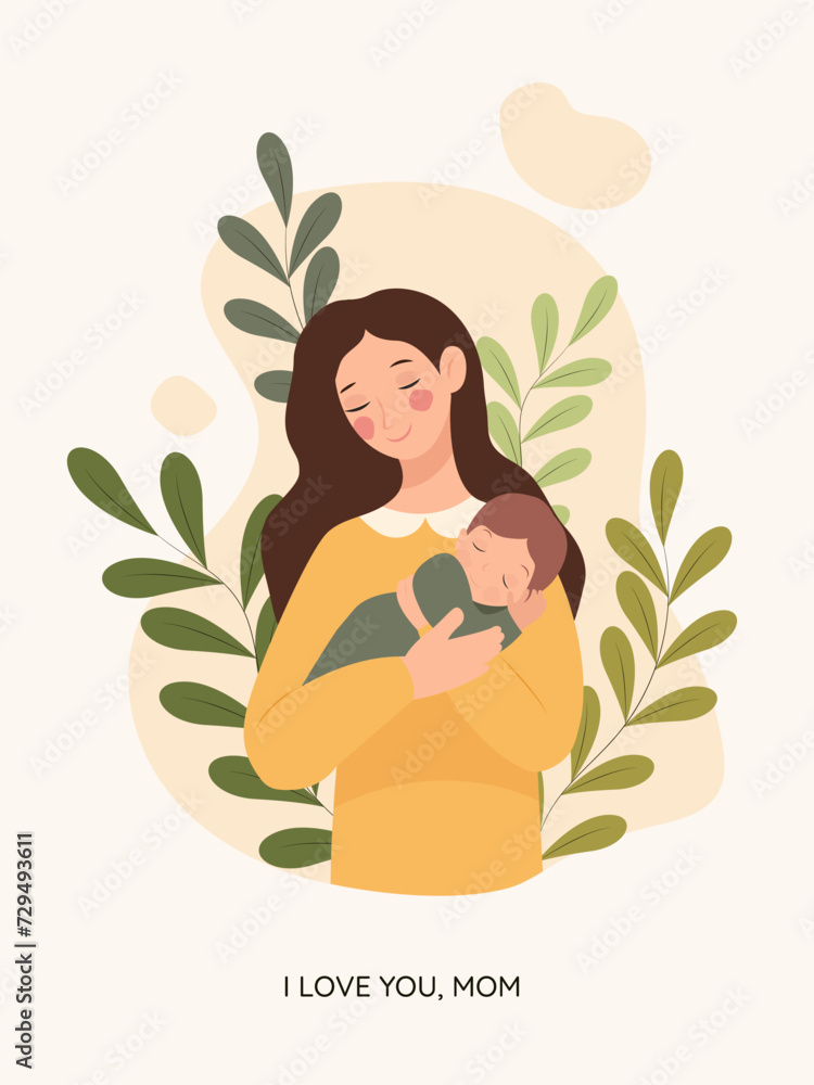 A mother is holding a small child in her arms. Cute illustration of Mother's Day card. Vector, pastel gentle colors A mother is holding a small child in her arms. Cute illustration of Mother's Day card. Vector, pastel gentle colors