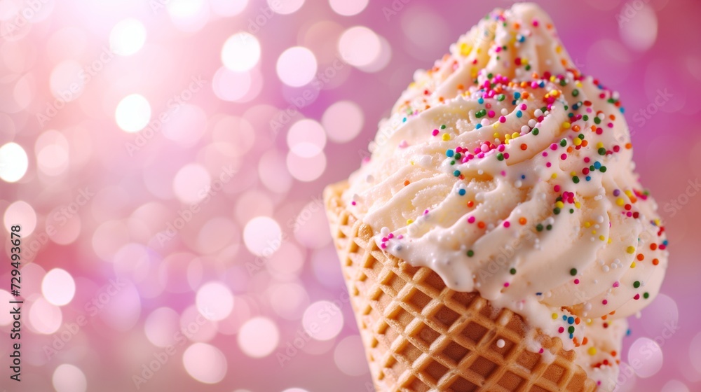 A delectable swirl of creamy ice cream, adorned with colorful sprinkles, sits temptingly in a waffle cone against a summery backdrop. A delectable swirl of creamy ice cream, adorned with colorful sprinkles, sits temptingly in a waffle cone against a summery backdrop.