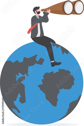 World economic vision or international opportunity for business, work or investment, searching for oversea business concept, smart businessman sit globe using binoculars looking for future vision.

