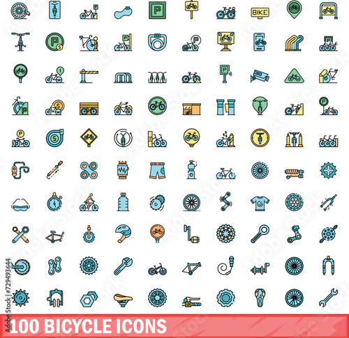 100 bicycle icons set. Color line set of bicycle vector icons thin line color flat on white