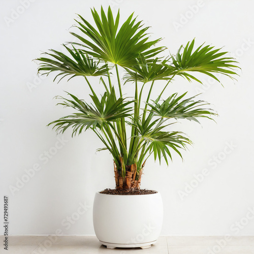Illustration of potted broad lady palm plant white flower pot Rhapis excelsa isolated white background indoor plants
 photo