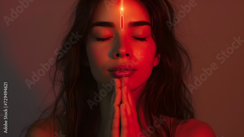 a beautiful woman , hands in prayer , eyes closed 