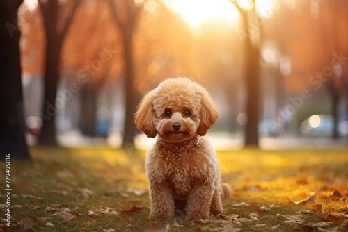 Apricot toy poodle is sitting in the park photo