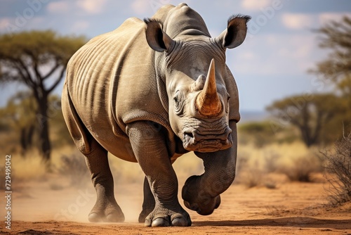 A rhinoceros runs on the ground