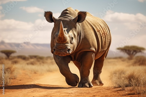 A rhinoceros runs on the ground © Yliya