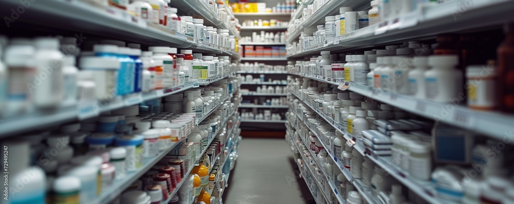 Rows of various pharmaceutical products line the shelves in a well-organized pharmacy. Bottles and boxes are neatly arranged for easy accessibility