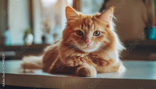 Young lazy red-haired fluffy cat lying on table at home. Adorable pet. © hardvicore