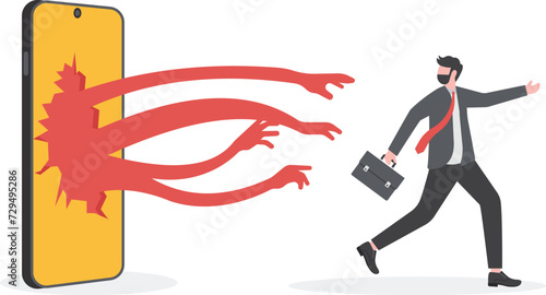 Dangers of mobile phones and social media. two businessmen riding a bicycle get away from the phone.

