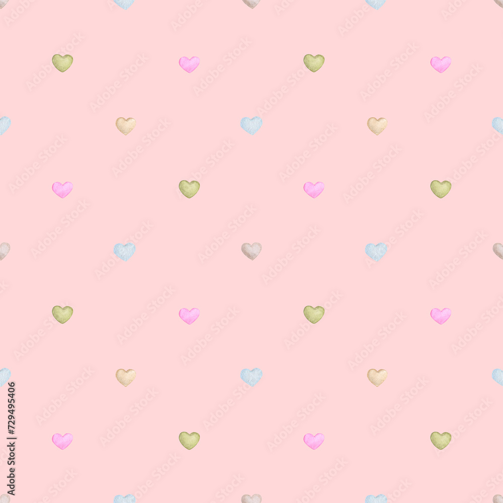 Delicate hearts on a pink background. Seamless watercolor pattern. Children's party, baby shower, birthday, Valentine's Day. Design for wallpaper, cards, wrapping paper, stationery.