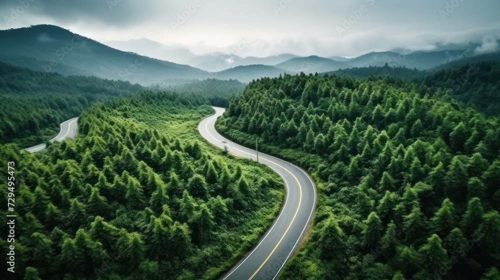 Aerial top view of a beautiful curved road on green forest in the rainy season. Aerial top view of a beautiful curved road on green forest in the rainy season.