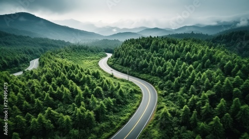 Aerial top view of a beautiful curved road on green forest in the rainy season.