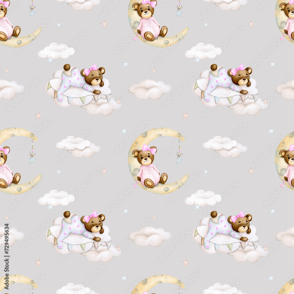 Baby seamless pattern on a gray background. Baby bear on the moon, on a cloud. Girl. Watercolor background. Childrens party, baby shower, birthday. Design of wallpaper, wrapping paper, fabric, cards.. Baby seamless pattern on a gray background. Baby bear on the moon, on a cloud. Girl. Watercolor background. Childrens party, baby shower, birthday. Design of wallpaper, wrapping paper, fabric, cards..