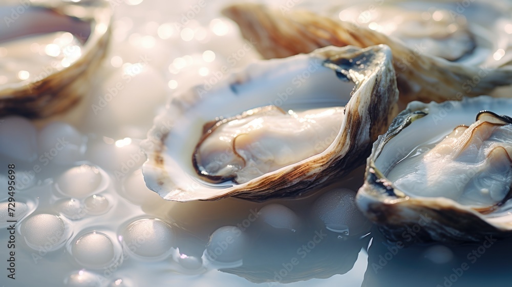 Fresh oysters served on ice, close up, copy space Fresh oysters served on ice, close up, copy space