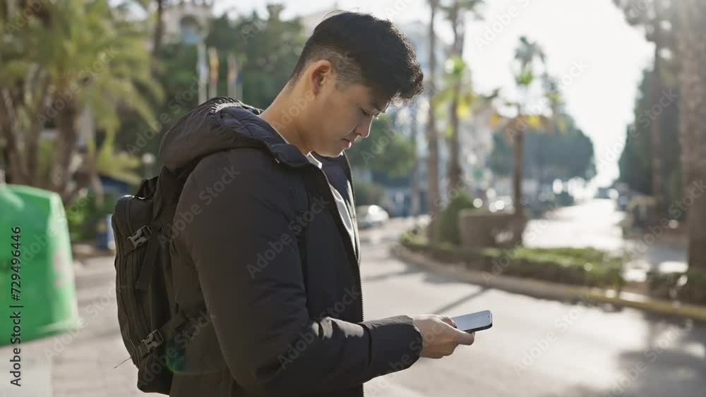A young asian man checks his smartphone while walking on a sunny urban street with palm trees in the background. A young asian man checks his smartphone while walking on a sunny urban street with palm trees in the background.
