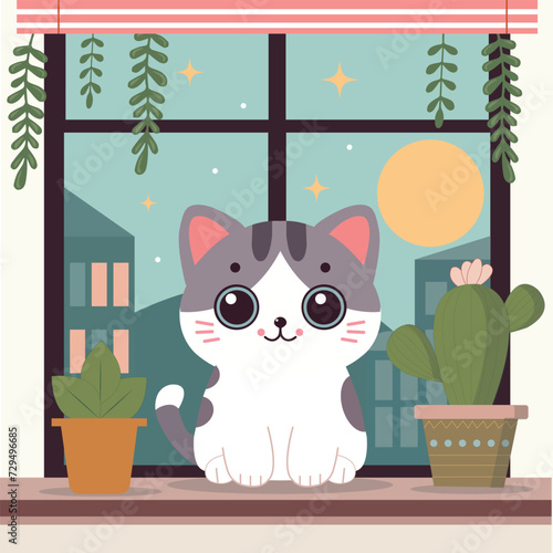 Cute cat sits on the windowsill among flower pots,Outside the window is the evening, the moon, the stars, houses.