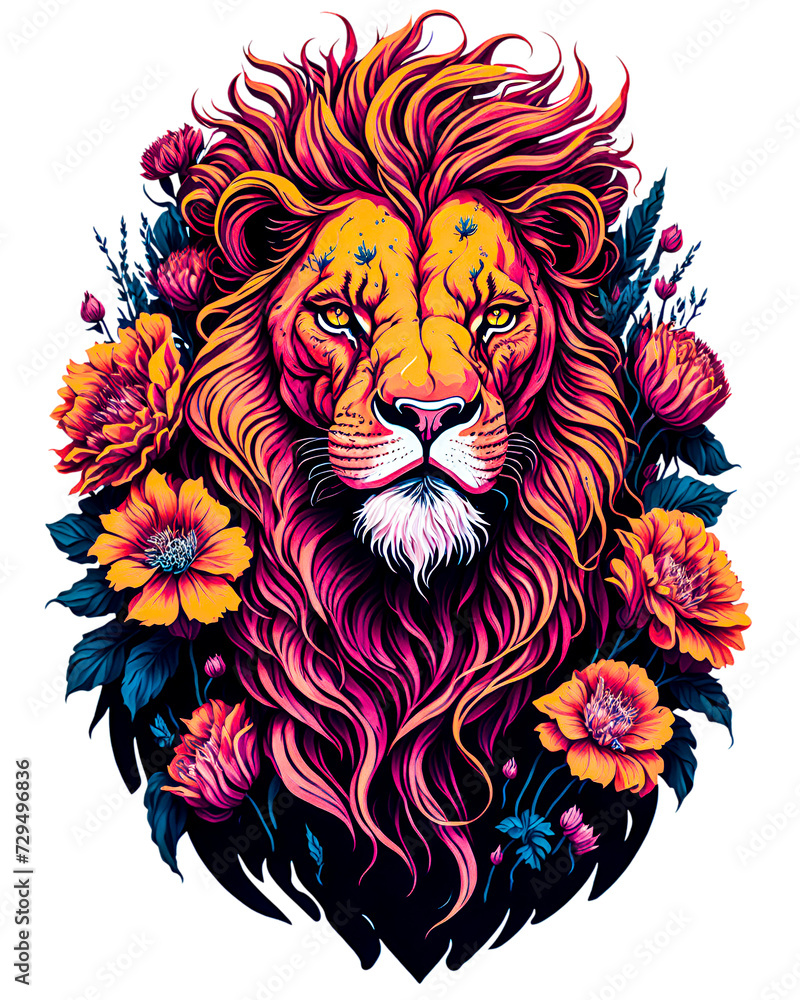 colorful illustration of a wild lion and fantastic flowers