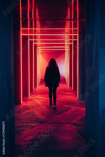 Figure walks towards a luminous end in a neon-lit tunnel  the red glow casting an eerie ambiance on the scene