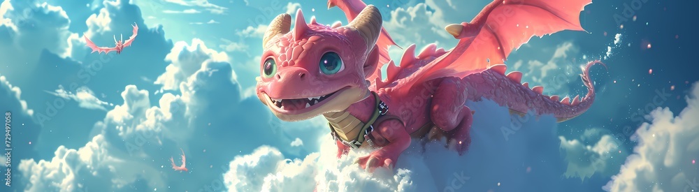 A majestic dragon soars through the sky, its cartoon-like appearance blending seamlessly with the fluffy clouds as if straight out of an anime - obrazy, fototapety, plakaty 