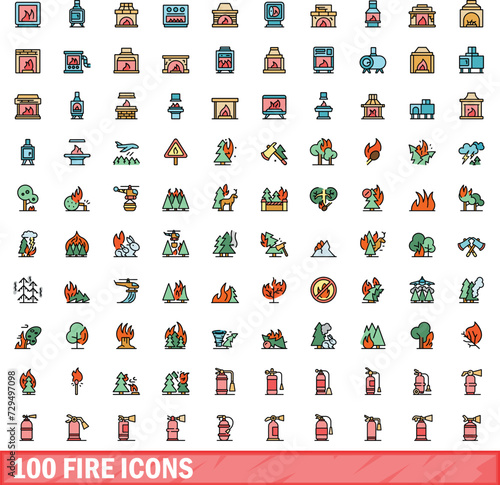 100 fire icons set. Color line set of fire vector icons thin line color flat on white