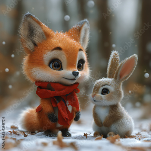 cute tiny female fox and rabbit