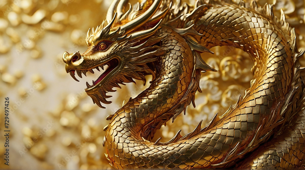 Fototapeta premium Silhouette of asian dragon on abstract golden glittering background. lunar new year horoscope symbol. Chinese dragon - symbol of deity, wisdom, good start, power. element for design. copy space