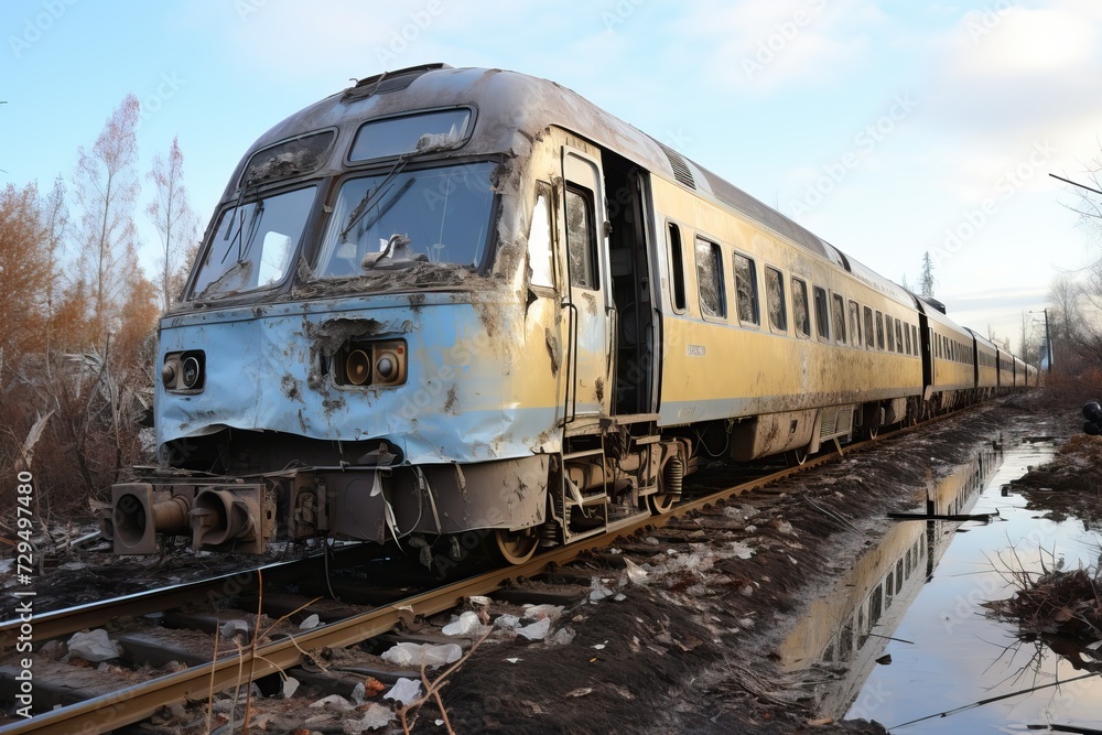 Old abandoned and already rusty train. A missile strike attack on the civilian population during the war. Old abandoned and already rusty train. A missile strike attack on the civilian population during the war.