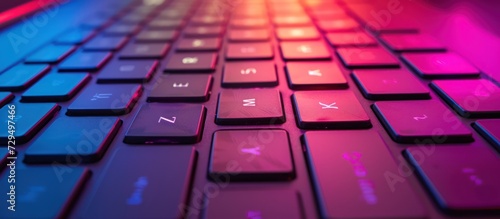 Computer keyboard on illuminated neon light background. AI generated image photo
