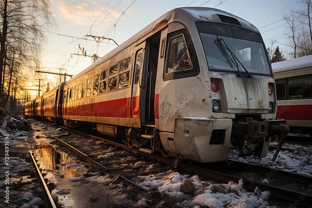 Obraz premium Old abandoned and already rusty train. A missile strike attack on the civilian population during the war.