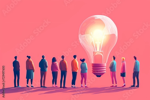 A mesmerized crowd gathers around a glowing light bulb  their faces reflecting the wonder and excitement of a floating balloon in the illustration