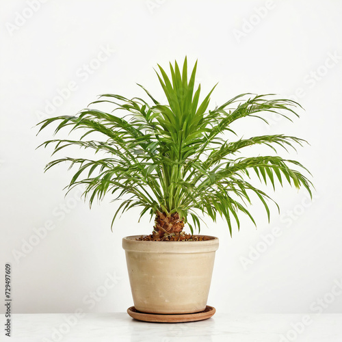 Illustration of potted cat palm white flower pot Chamaedorea cataractarum isolated white background indoor plants 