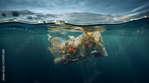 Plastic waste garbage floating on the ocean underwater picture environment © Konstantinos