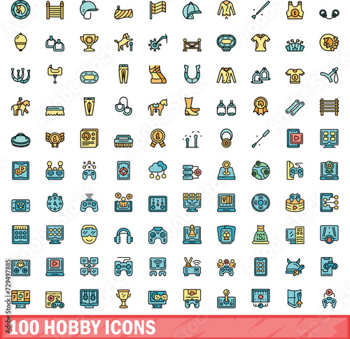 100 hobby icons set. Color line set of hobby vector icons thin line color flat on white