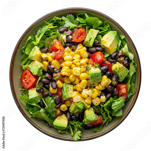 Mexican style salad, with ingredients such as corn, black beans and avocado, on a white background.