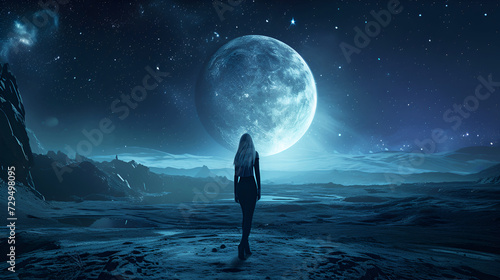 Beautiful android girl standing in the dark space of an alien planet, in the background there is a huge round moon, stars, in a hyper-realistic lifestyle, vibrant landscapes