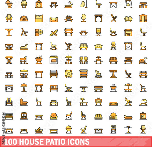 100 house patio icons set. Color line set of house patio vector icons thin line color flat on white