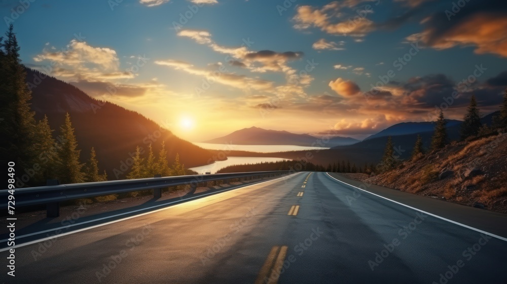 Mountain road at sunset. Beautiful curved roadway.