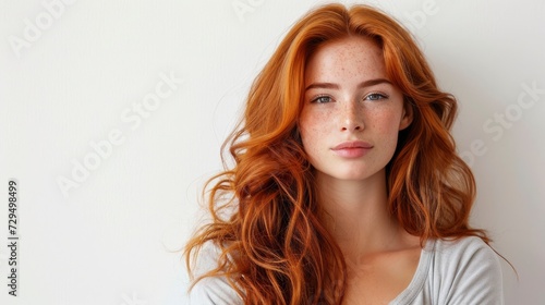 girl with Flowing Auburn Hair in a White Top Against a Light Background