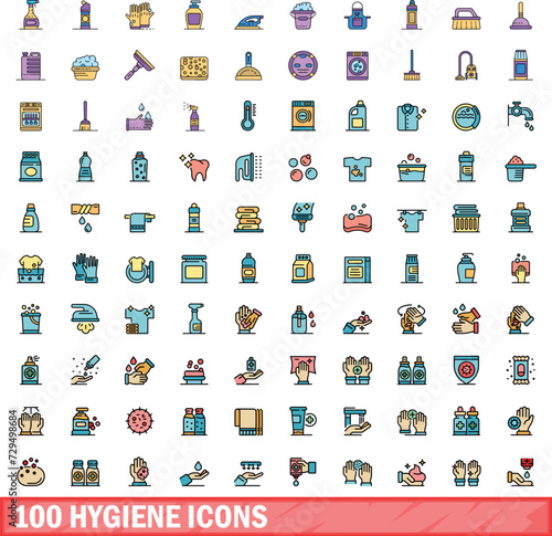 100 hygiene icons set. Color line set of hygiene vector icons thin line color flat on white