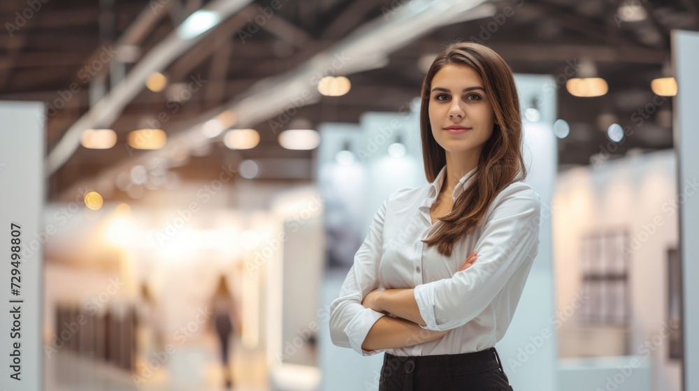 Positive Businesswoman against the backdrop of a modern exhibition stand Positive Businesswoman against the backdrop of a modern exhibition stand