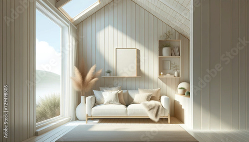 Cozy minimalist scandinavian living room interior with comfortable white couch, fluffy pillows, serene hill view, and an empty poster frame mockup. Generative AI