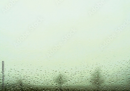 Abstraktes Motiv mit Regentropfenmuster vor Baumreihe und weißem Himmel bei Regen, Sturm und Kälte am Morgen im Winter