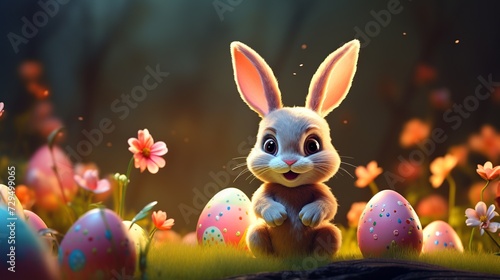 Charming Easter Rabbit Surrounded by Decorative Eggs in Golden Light
