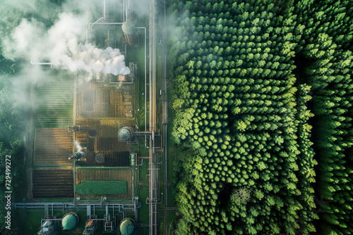 Smoking stacks and vapor from the cooling towers and plants. Decarbonisation technological solution. Sustainable climate