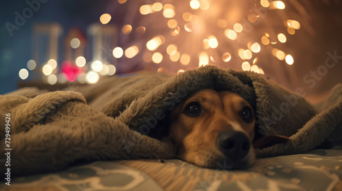 dog hiding under a blanket afraid of fireworks