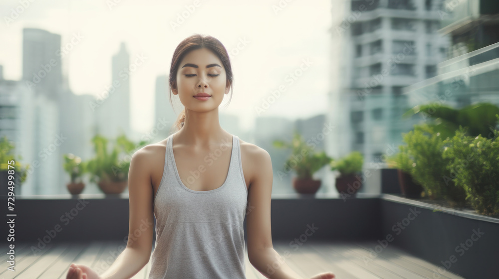 Slim woman practicing yoga on the balcony of her condo. Asian woman doing exercises in morning. balance, meditation, relaxation, calm, good health, happy, relax, healthy lifestyle concept Slim woman practicing yoga on the balcony of her condo. Asian woman doing exercises in morning. balance, meditation, relaxation, calm, good health, happy, relax, healthy lifestyle concept