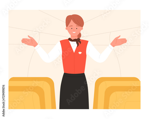 Flight attendant shows emergency exits. Cabin crew safety demonstration cartoon vector illustration