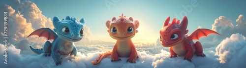 A whimsical animated dragon soars gracefully through the vibrant sky, perched upon a fluffy cloud in a captivating cg artwork that captures the essence of playful anime and charming cartoon style photo