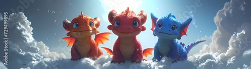 A colorful cast of cartoon dragons take flight through the snowy sky, bringing to life an animated world of toys and anime photo