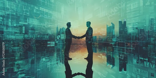 Two figures meet in a digital world, their hands clasped in a symbol of agreement, framed by the towering cityscape and mirrored in its glassy reflection photo