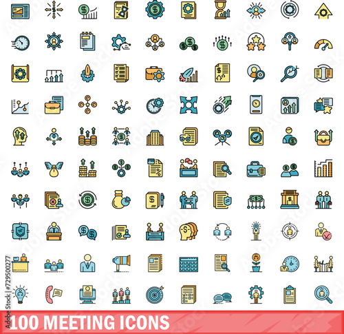 100 meeting icons set. Color line set of meeting vector icons thin line color flat on white